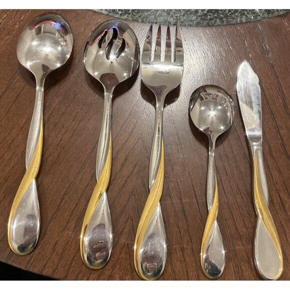 Oneida‎ USA Golden Aquarius Stainless Steel 5 Piece Hostess Set Spoon Fork Knife - Picture 2 of 3